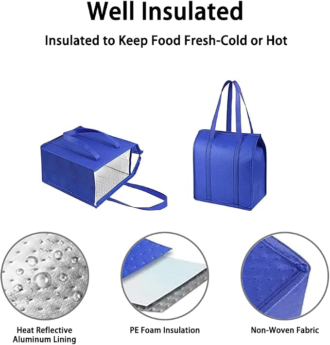 2-Pack 18L Blue Insulated Grocery Bags with Zipper | Reusable 3-Layer Insulated Cooler Bags, Foldable for Shopping, Camping & Beach Trips