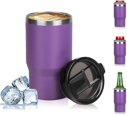 14oz 4 in 1 Stainless Steel Can Cooler Beer Bottle Insulator With 2 Lids for 12oz can&bottle, Double walled insulated Thermocooler &Travel Mug Holder Keeping Your Bevearge Cold (Purple)