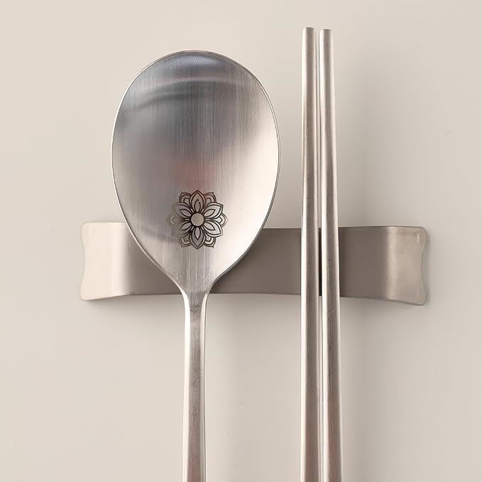 Korean Floral Engraved Spoon and Chopsticks Set, 18/10 Stainless Steel | Sujeo gift set for one in Korean inspired box, made in Korea