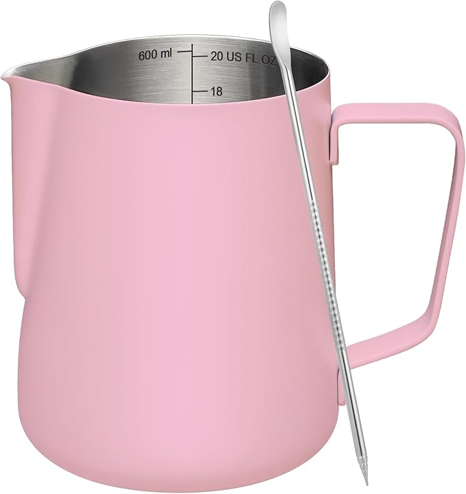Amrules Milk Frothing Pitcher, 20 oz Milk Frother Cup with Clear Scale, 304 Stainless Steel Cappuccino Espresso Machine Accessories for Barista Coffee Bar with Latte Art Pen, Pink