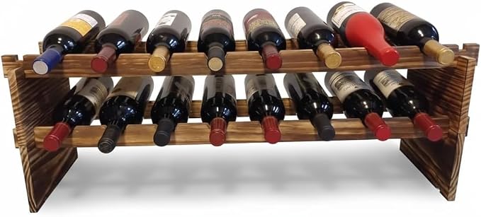 16-Bottle Stackable Wine Rack - 2-Tier Rustic Pine Wood Wine Storage, Freestanding Organizer for Kitchen, Home Bar & Dining Room - Easy Assembly