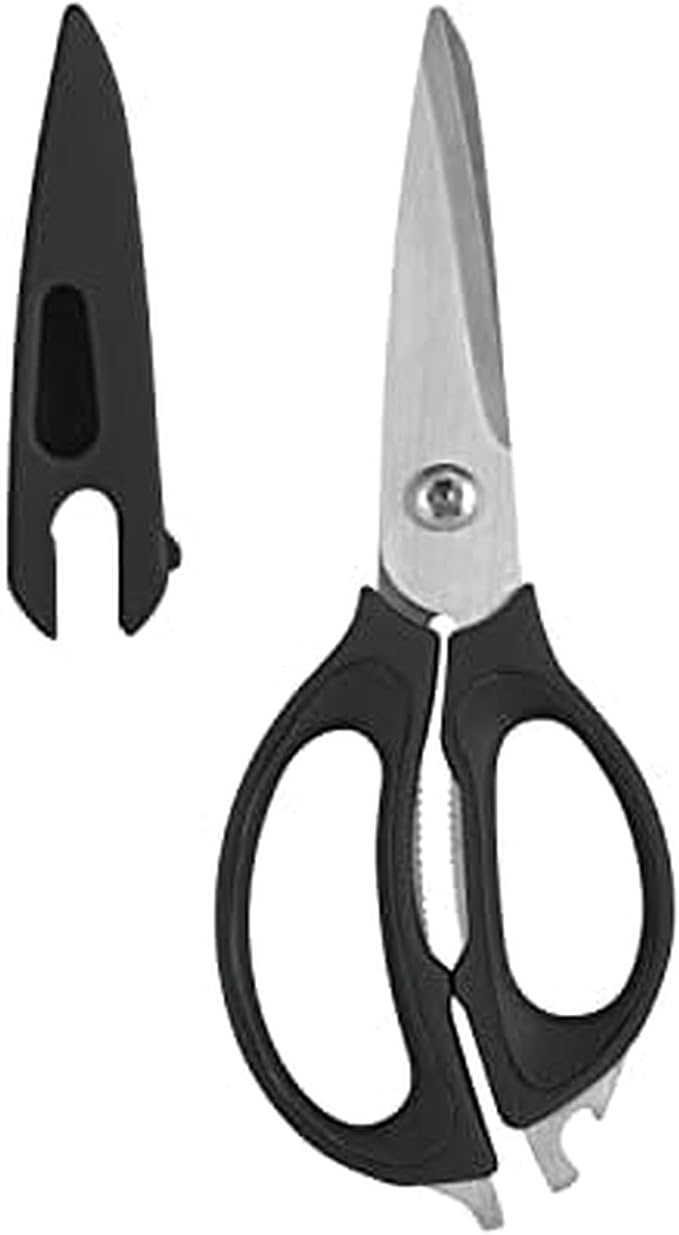 Farberware 4-in-1 Kitchen Scissors with Black Handle, High-Carbon Stainless Steel Shears with Jar Opener, Bottle Opener and Screwdriver, Kitchen Shears for Food Prep