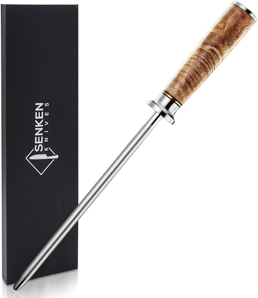 SENKEN Professional Emery Knife Sharpening Steel - Incredibly Strong Emery Rod for Sharpening & Honing Knives Up to 63 HRC Including All Damascus Knives (Natural Sycamore Wood)
