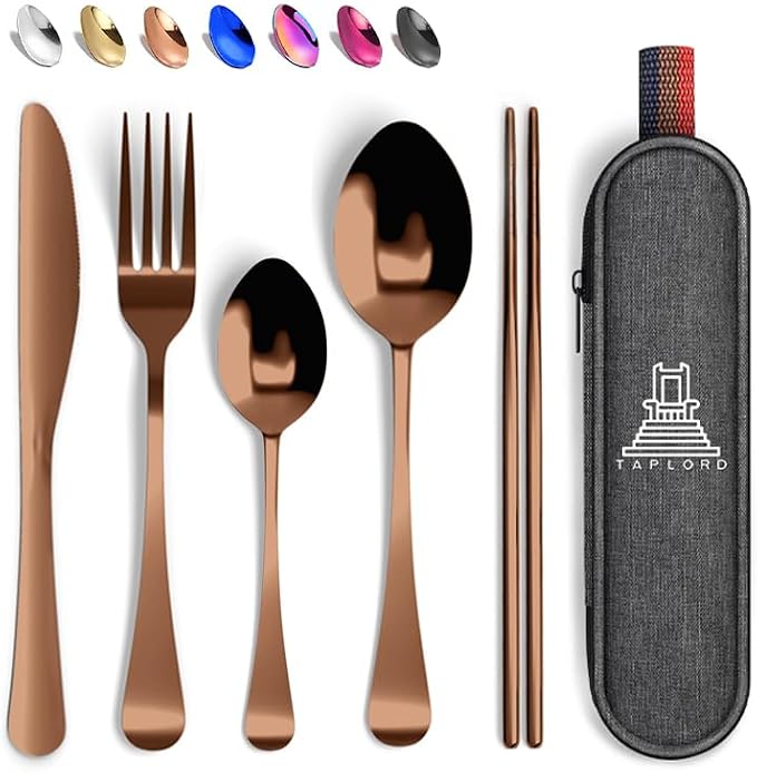 Taplord Portable Travel Silverware Set With Case, Includes 5 Pcs of Travel Utensils With Case, Stainless Steel Flatware Set For Camping, Easy to Travel, Lightweight (Rose Gold)