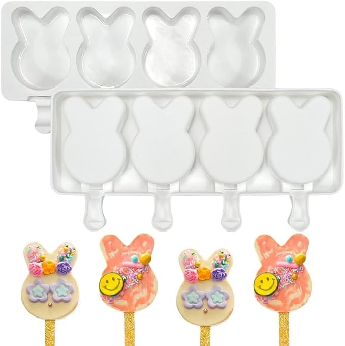 1 Pack Cute Rabbit Shape Popsicle Molds Silicone Ice Pop Molds 4 Cavities Popsicle Molds for Kids Adults Ice Cream Mold Cakesicles Mould DIY Popsicle Maker Homemade Popsicle Silicone Molds W