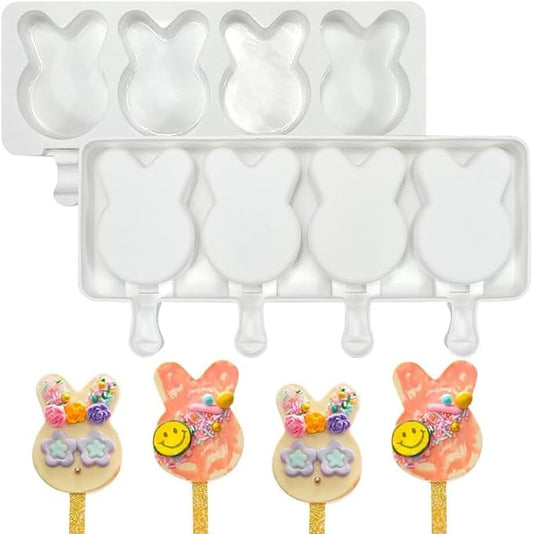 1 Pack Cute Rabbit Shape Popsicle Molds Silicone Ice Pop Molds 4 Cavities Popsicle Molds for Kids Adults Ice Cream Mold Cakesicles Mould DIY Popsicle Maker Homemade Popsicle Silicone Molds W