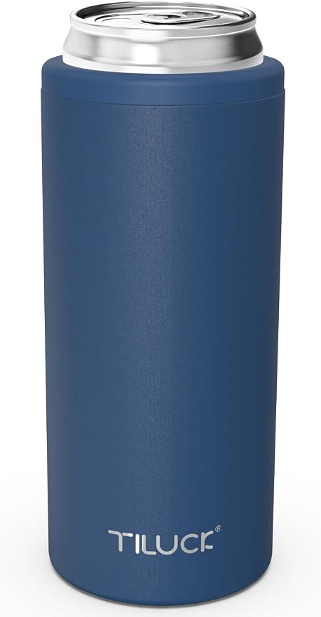 TILUCK Skinny Can Cooler, Stainless Steel Insulated Slim Cans, 12 oz | Beer & Hard Seltzer, Doucle-Walled Stainless Steel Insulated Slim Cans, Slim 12 oz(Frosted Navy)