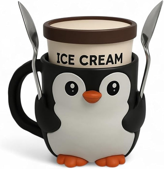Ice Cream Pint Holder – Fits Standard Pints – Dual Spoon Sockets – Keeps Hands Warm – Fun Unique Designs with Vibrant Colors – Reusable Ice Cream Sleeve - Ramen Noodle Holder (Penguin)