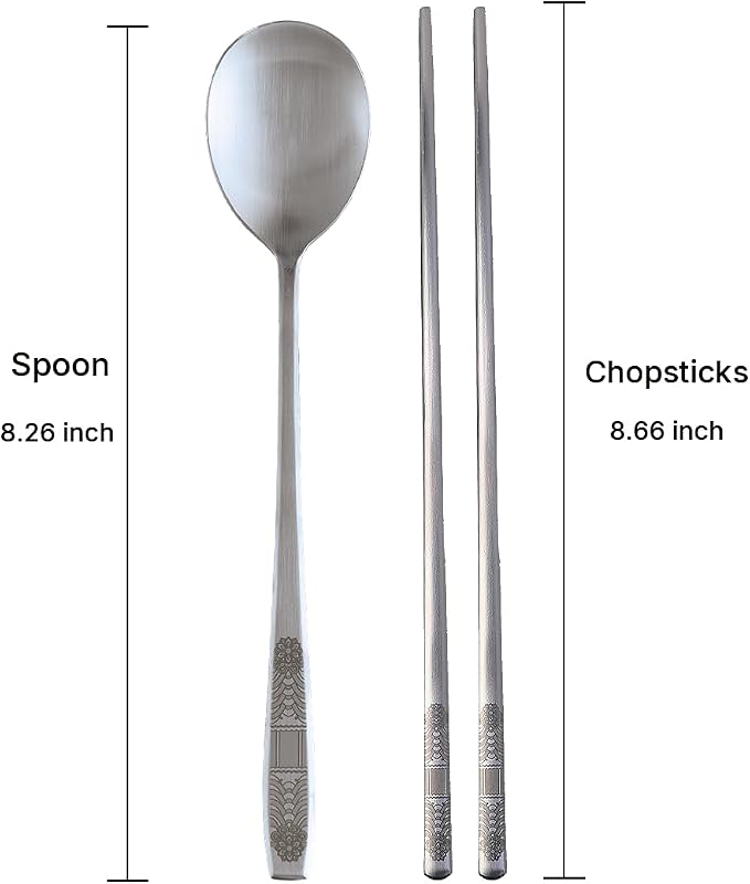 Korean Dancheong Engraved Spoon and Chopsticks Set, 18/10 Stainless Steel | Sujeo gift set for one in Korean inspired box, made in korea