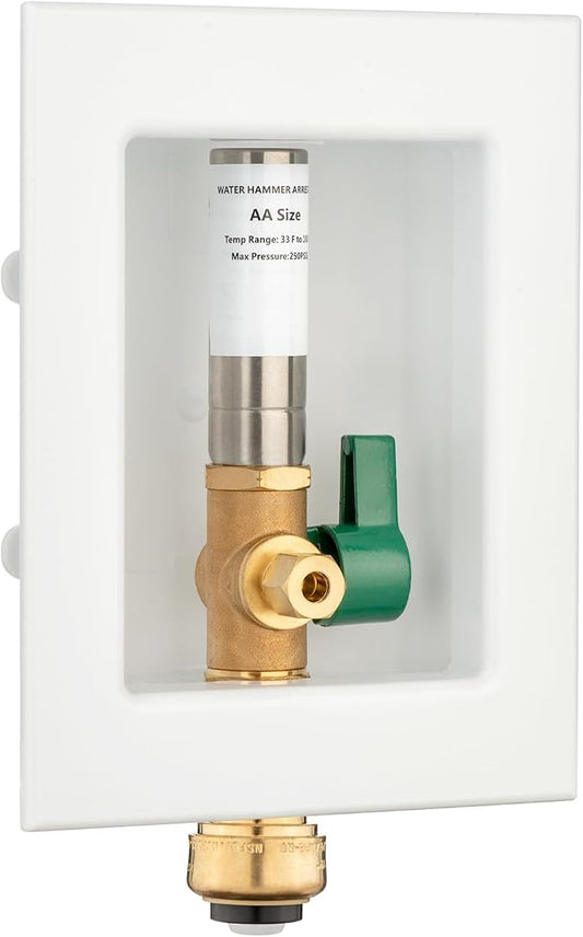 (1 Pack) Lidertik 1/2 inch Push-to-Connect Pre-Assembled Ice Maker Outlet Box Valve 1/4 inch Recessed Refrigerator Water Line Wall Box with Shut Off Valve and Stainless Steel Hammer Arrestor 651