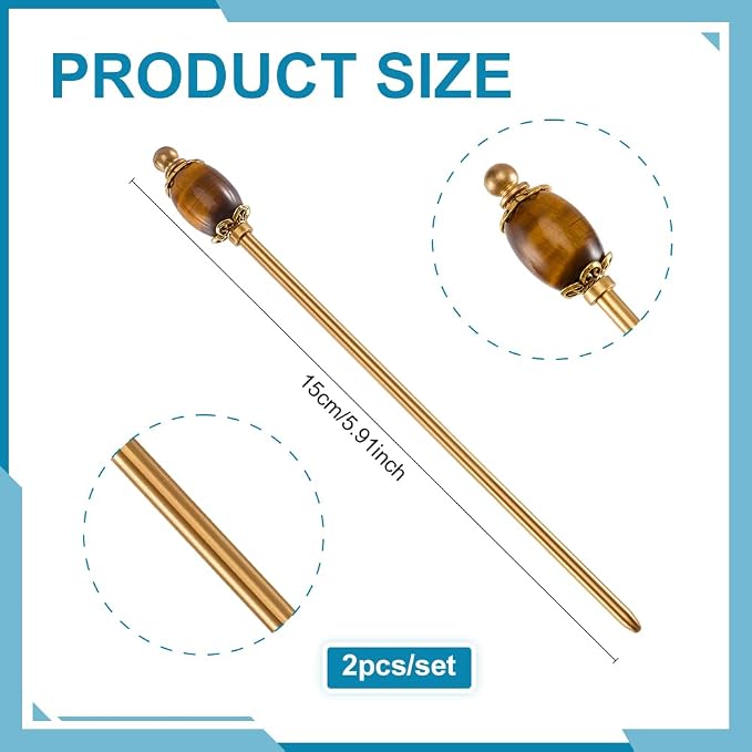 PH PandaHall 2pcs Natural Tiger Eye Bead Hair Stick Vintage Hairpin 5.9 inch Golden Hairpins Chinese Hairpin Metal Hair Sticks Brass Hairs Chopstick for Women Gifts Long Hairs Ornament Accessory