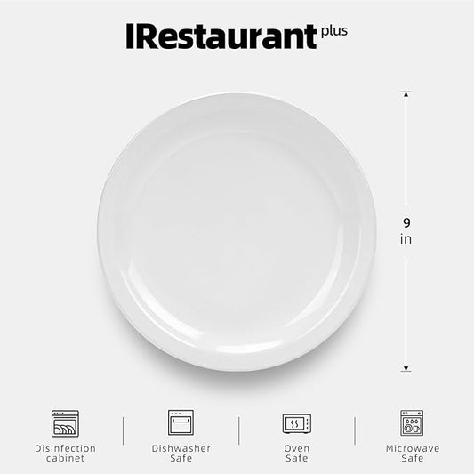 Stoneware Narrow Rim Commercial Grade Ceramic Dinnerware Bright White, Round Dinner Plate 9", Case of 24, Restaurant & Home Dining