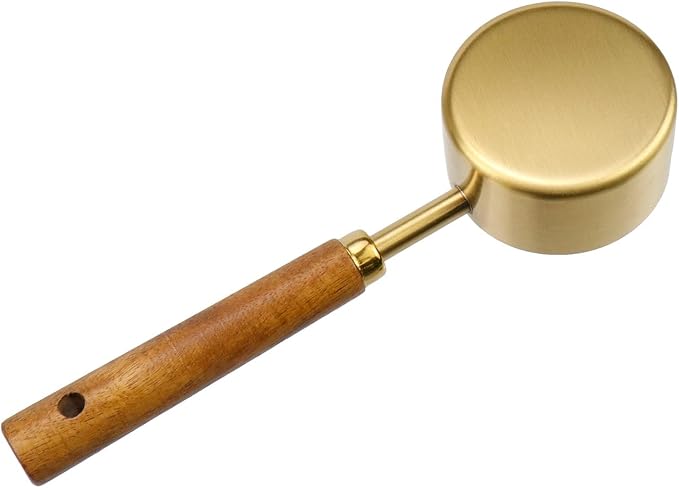 1/4 Cup Stainless Steel Measuring Cup with Wooden Handle, 60ml | Gold Measuring Scoop, 125ml Metal Measuring Spoon, For Baking, Cooking, Wet and Dry Ingredients
