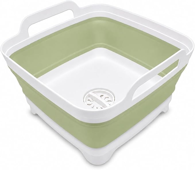 2.4 Gal(9L) Collapsible Dish Basin with Drain Plug, Space Saving Outdoor Multiuse Foldable Sink Tub, Dishpan, Kitchen Storage Tray for Camping, Vegetable Washing, RV (Green)