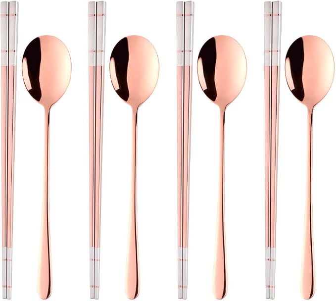 Buyer Star 4 Set Rose Gold Square Chopsticks and Spoons Set Metal Stainless Steel Spoons Chopsticks Set