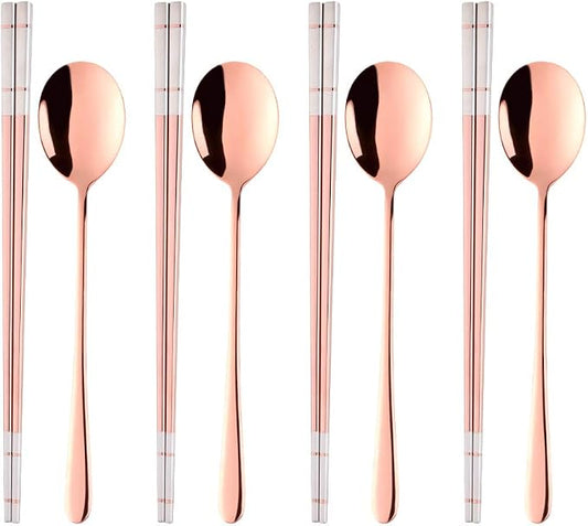 Buyer Star 4 Set Rose Gold Square Chopsticks and Spoons Set Metal Stainless Steel Spoons Chopsticks Set