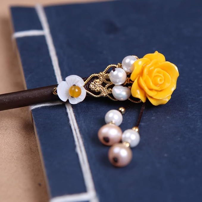 Wooden Hair Pins 7" Chinese Yellow Flower Hair Sticks For Long Hair 1 Pack Buns Accessories for Girl