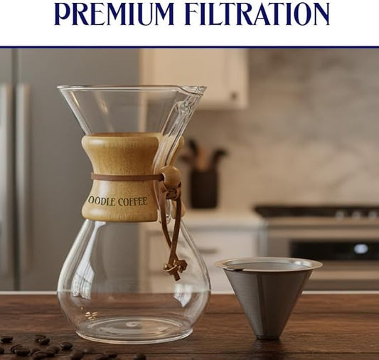 Pour Over Coffee Maker, Wood and Glass, 600ml with Stainless Steel Filter, 5 x 9 inches