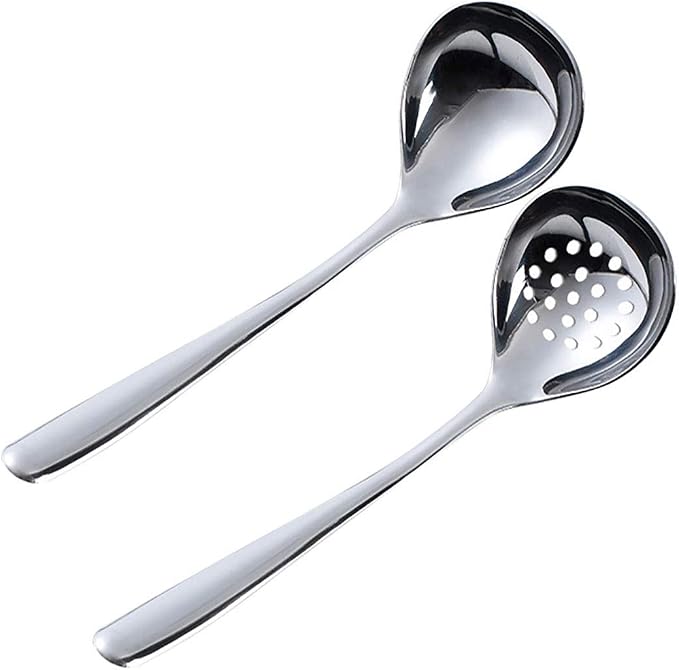 2PCS Slotted Spoon and Soup Ladle Set, Stainless Steel Soup Ladle Colander Set 7.8 Inches Cooking Skimmer Cookware Utensil for Home, Cooking Or Hotpot