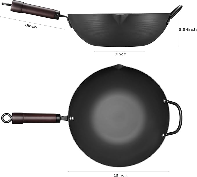 FGJ Wok, 13 Inch Carbon Steel Woks & Stir-fry Pans Nonstick Roasting Pan | Pre-Seasoned 5.8QT Flat Bottom Chinese Wok Roasting Pan with lid,PFOA/PTFE free Cookware Compatible with All Cooktops