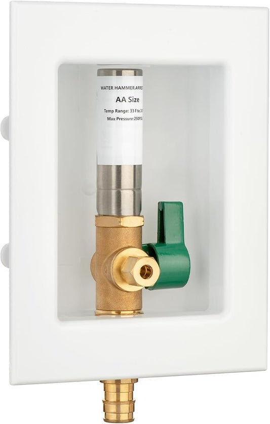 (1 Pack) Lidertik 1/2 inch Expansion PEX-A Pre-Assembled Ice Maker Outlet Box Valve 1/4 inch Recessed Refrigerator Water Line with Shut Off Valve and Stainless Steel Water Hammer Arrestor LI-ZBQH-631