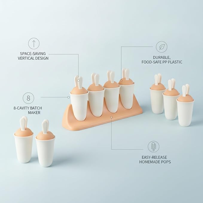 Easy-Use Vertical Popsicle Mold, 8-Cavity Ice Pop Maker for Compact Freezers, Durable PP Plastic Tray