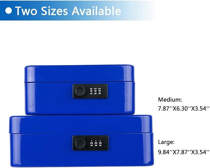 KYODOLED Cash Box with Combination Lock,Safe Metal Box for Money,Storage Lock Box with Money Tray,7.87"x 6.30"x 3.54" Blue Medium
