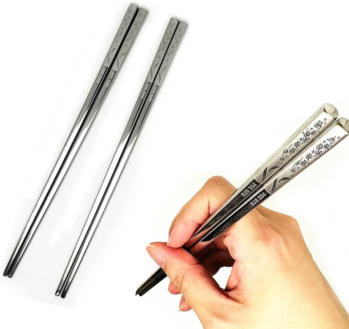 2Pairs Silver Series Metal Chopsticks 304 Stainless Steel Chopsticks Set, Metal Chop Sticks Reusable, Dishwasher Safe,Anti-slip ,9.25inch,Flower
