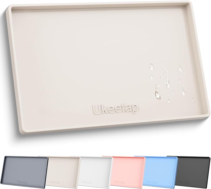 ukeetap 19" x 12" Extra Thick Silicone Mat Waterproof with Raised Edge, BPA Free Non-Slip Dog & Cat Food Mat, Feeding Mat for Food and Water Bowls, Spill Proof Mat to Protect Floors, Beige