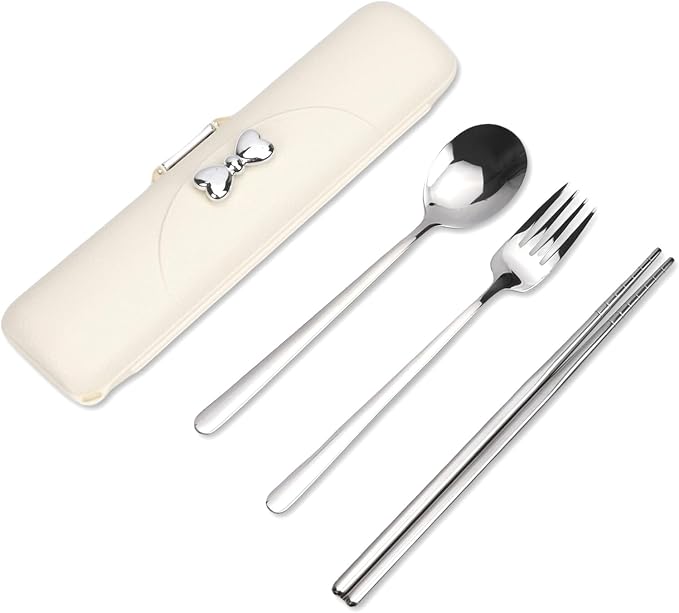 Reusable Travel Utensils with Case, Portable Cutlery for Work | Cute Silverware Set for Lunch Box, Stainless Steel Spoon Fork Chopsticks for Camping, Picnic, Food-Grade, Dishwasher Safe