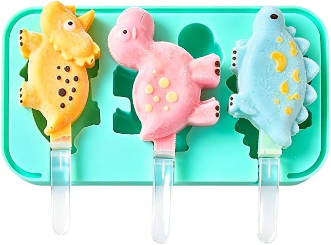 Dinosaur Silicone Popsicle Molds, 3 Pcs Ice Pop Maker | Flexible dinosaur shapes for juice pops, yogurt treats, fruit ice and summer freezer snacks.