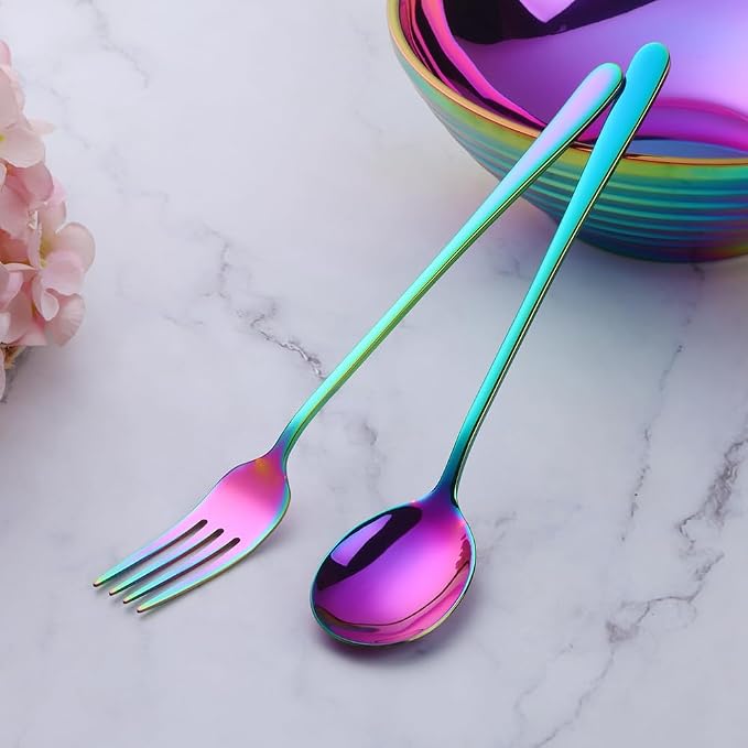 Buyer Star Stainless Steel Korean Chopsticks Spoons and Fork Set, 2 Pack Reusable Forks and Spoons Silverware Korean Utensil Set, Portable Utensils Dinnerware for Home (Rainbow)