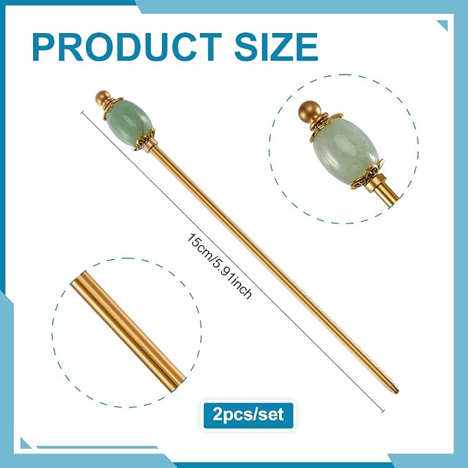 PH PandaHall 2pcs Natural Green Gemstone Hair Stick Golden Hairpins Metal Hair Sticks Chinese Hairpin 5.9 inch Brass Hairs Chopstick Vintage Hairpin for Women Gifts Long Hairs Ornament Accessory