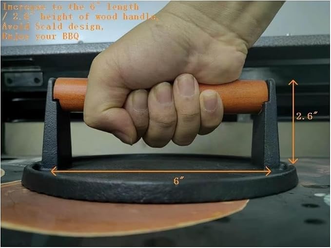 Burger Press 7.08" Round & 8.3”X4.3”Rectangle Heavy-Duty Cast Iron Smash Meat Steak with Wood Handle for Blackstone Camp Chef Pitboss Weber Treager Griddle (Round & Rectangle w Flat Bottom)