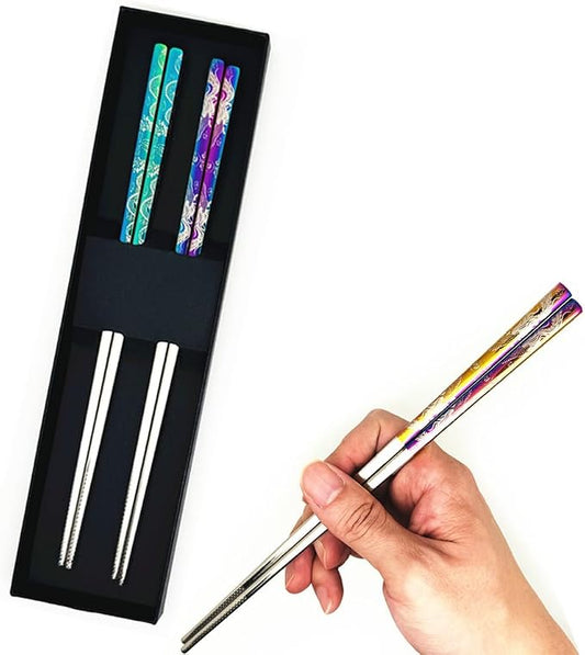 2Pairs Stainless Steel Chopsticks Reusable Dishwasher Safe Dragon Phoenix | Engraved chopsticks set