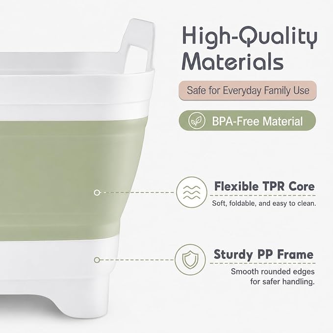 2.4 Gal(9L) Collapsible Dish Basin with Drain Plug, Space Saving Outdoor Multiuse Foldable Sink Tub, Dishpan, Kitchen Storage Tray for Camping, Vegetable Washing, RV (Green)