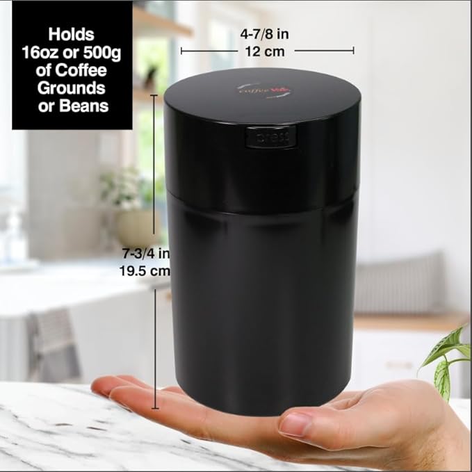 COFFEEVAC 1 LB Airtight Coffee Bean Storage Container, Patented Vacuum Seal, Coffee Grounds Container, 1.85L, Smell Proof, Black Cap and Body