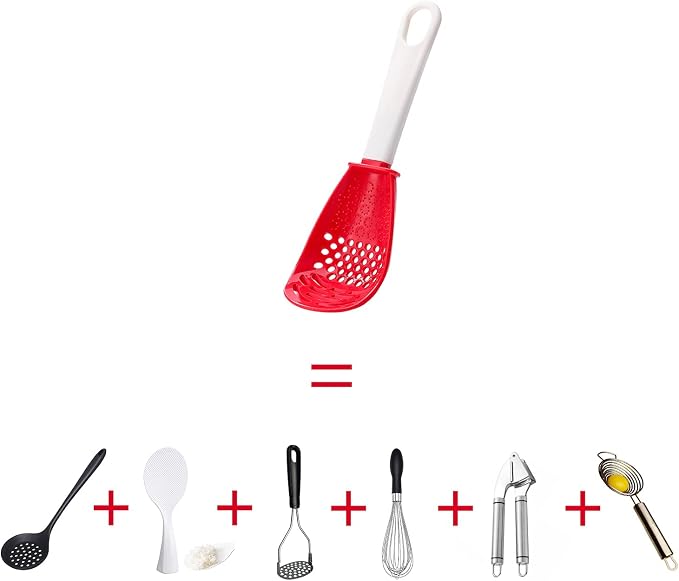 pack of 2, Red, Multifunctional cooking gadgets, 6 in 1 cooking utensils Slotted Spoon, 356°F Heat Resistant kitchen gadgets, Egg Separator, Cooking, Draining, Mashing, Grating, Cooking spoon