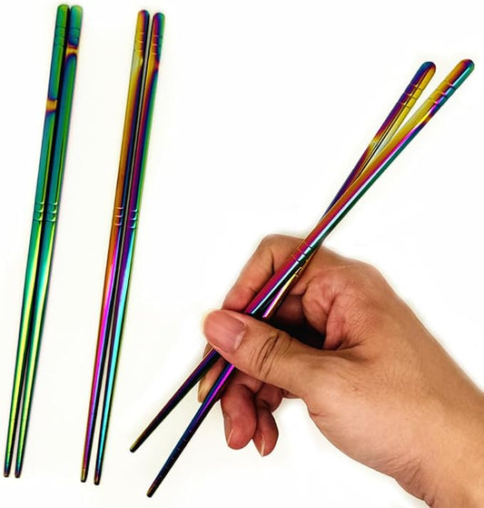 2Pairs Stainless Steel Chopsticks Set, Multicolor Metal Chopsticks Reusable, Sushi Food Sticks,Dishwasher Safe,9.0inch (Rainbow)