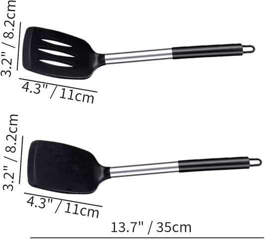 Silicone Kitchen Utensils Set, 4-Piece Non-Stick Cooking Tools, Large Spatulas with Pasta Fork and Ladle, Black