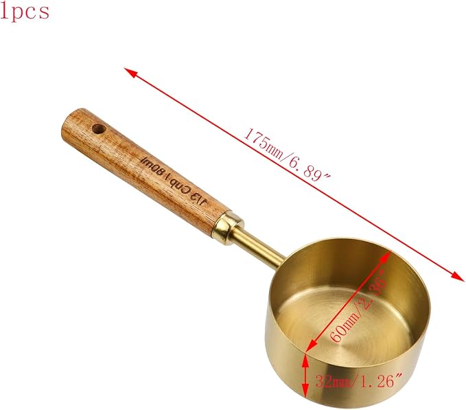 1/3 Cup Stainless Steel Measuring Cup with Wooden Handle, 80ml | Gold Metal Measuring Scoop, 80ml Measuring Spoon, For Baking, Cooking, Wet and Dry Ingredients