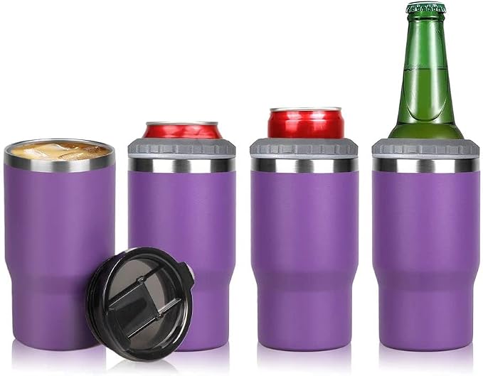 14oz 4 in 1 Stainless Steel Can Cooler Beer Bottle Insulator With 2 Lids for 12oz can&bottle, Double walled insulated Thermocooler &Travel Mug Holder Keeping Your Bevearge Cold (Purple)