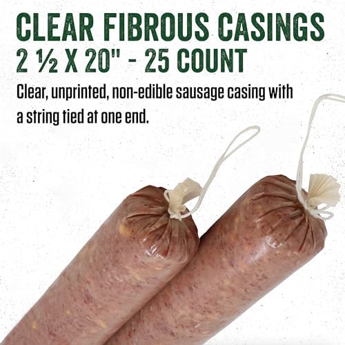 LEM Products Clear Fibrous Casings, 2 ½ Inches x 20 Inches, Non-Edible Sausage Casings, Stuffs Approximately 3 Pounds Per Casing, Great for Summer Sausage, Pepperoni, and Salami, 25 Count Pack