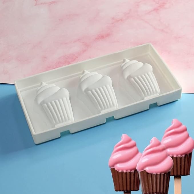 1 Pack Cute Ice Cream Shape Popsicle Molds Silicone Ice Pop Molds 3 Cavities Popsicle Molds for Kids Adults Ice Cream Mold Cakesicles Mould DIY Popsicle Maker Homemade Popsicle Silicone Molds K