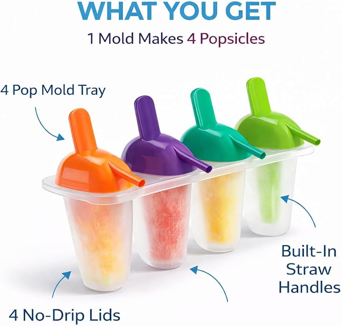 Ice Lolly Popsicle Molds with Straw 4 Pack BPA Free Freezer Pop Mold Maker for Juice Yogurt Fruit Kids