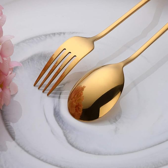 Buyer Star Stainless Steel Korean Chopsticks Spoons and Fork Set, 2 Pack Reusable Forks and Spoons Silverware Korean Utensil Set, Portable Utensils Dinnerware for Home (Gold)