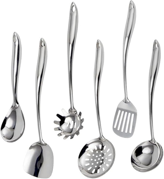 304 Stainless Steel Kitchen Utensils Set, VALESKA 6PCS Metal Cooking Utensils Set, Wok Spatula, Ladle, Skimmer Slotted Spoon, Pasta Spoon, Serving Large Ladle, Slotted Spatula Tunner