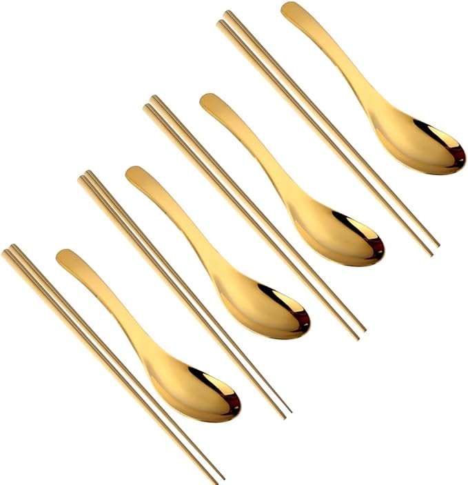 Chinese Metal Soup Spoons and Chopsticks Set for 4 People, Reusable Stainless Steel Ramen Short Handle Spoon Set Asian, Christmas Gift Dishwasher Safe (Gold)