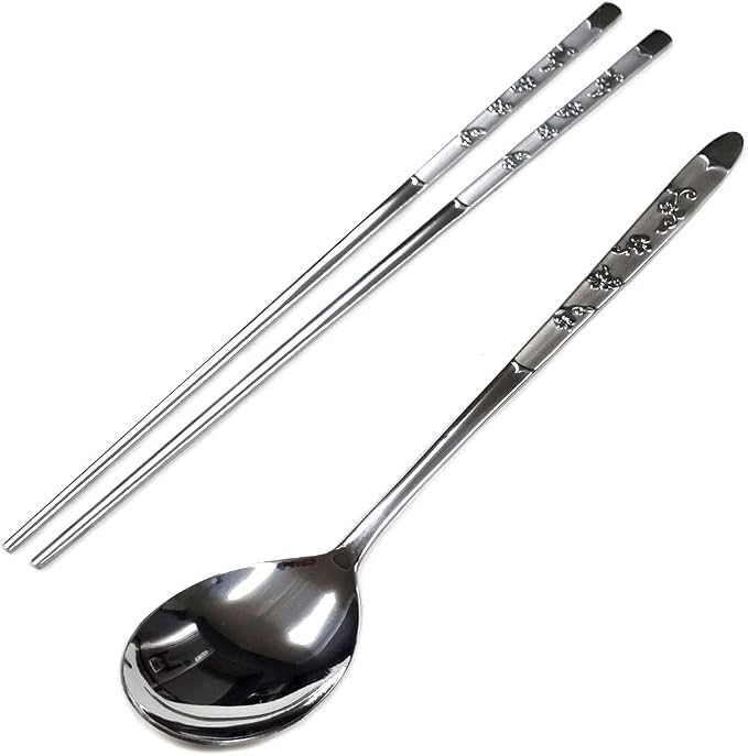 GARASANI Korean Traditional Cutlery Stainless Steel Spoons and Chopsticks Set (Silver Petal)