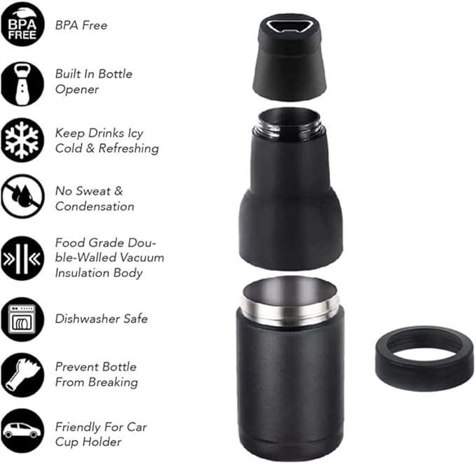 3 in 1 Can and Beer Bottle Insulator, Double Wall Stainless Steel Insulated Can Cooler, Beer Bottle Holder 12oz 14oz 17oz (12oz Can&Bottle BK)